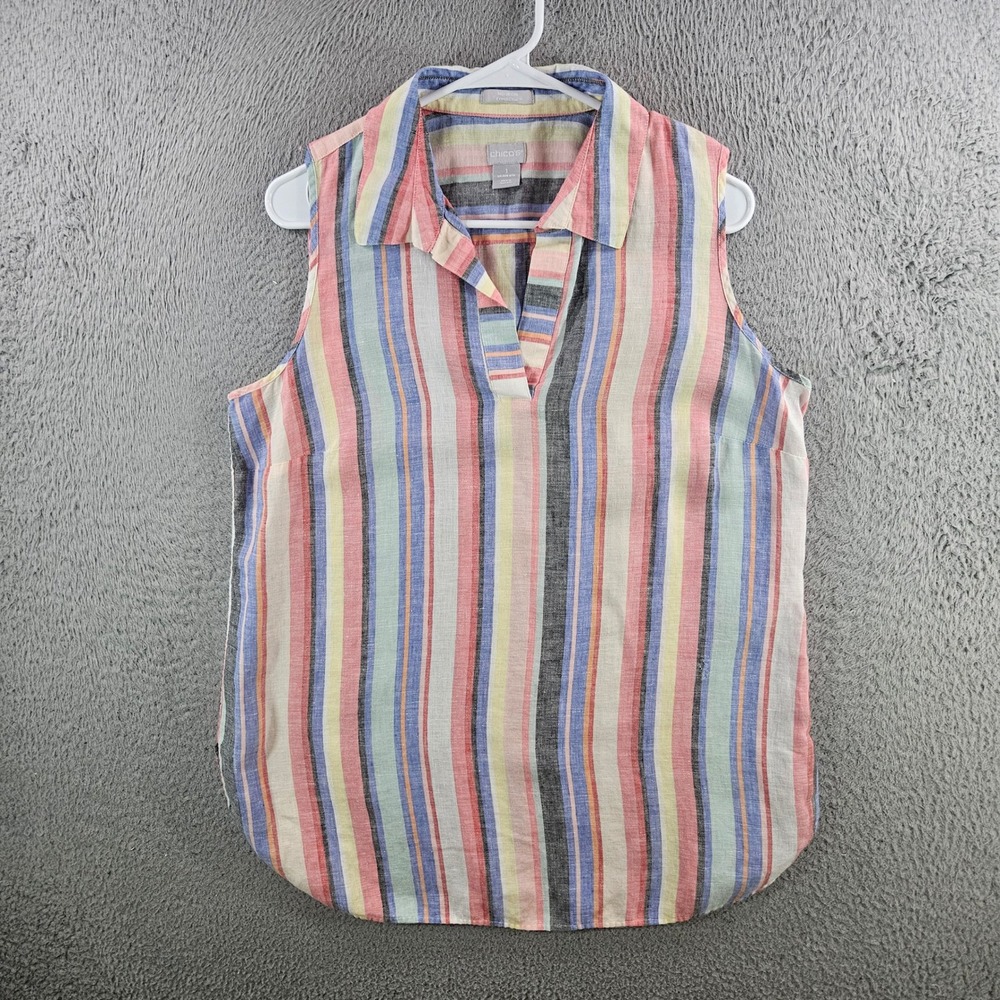 Chicos No-Iron FreshChic Linen Sleeveless Striped Top Size 1 Medium Pink Blue